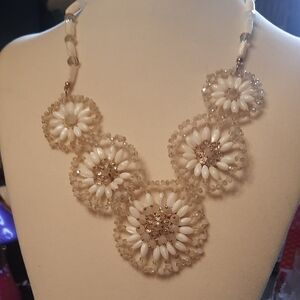 Elegant White Beaded Floral Statement Necklace